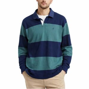 IZOD Men’s Rugby Polo Shirt XL | 100% Cotton Blue & Green Striped Long Sleeve